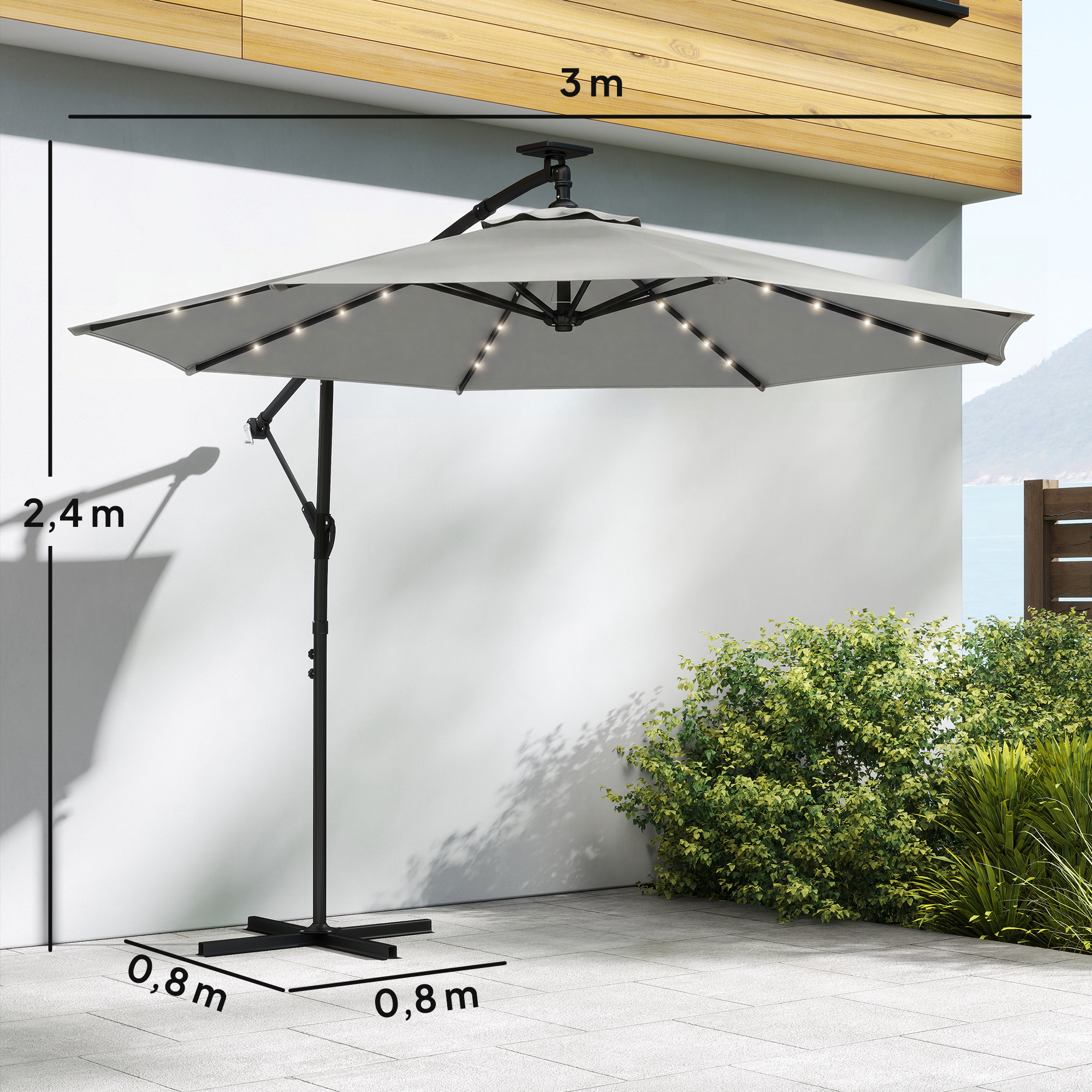 Ampelschirm LED Solar ca. Ø300 cm Drehbar Sonnenschirm mit Kurbel Ständer Schutzhülle Hellgrau