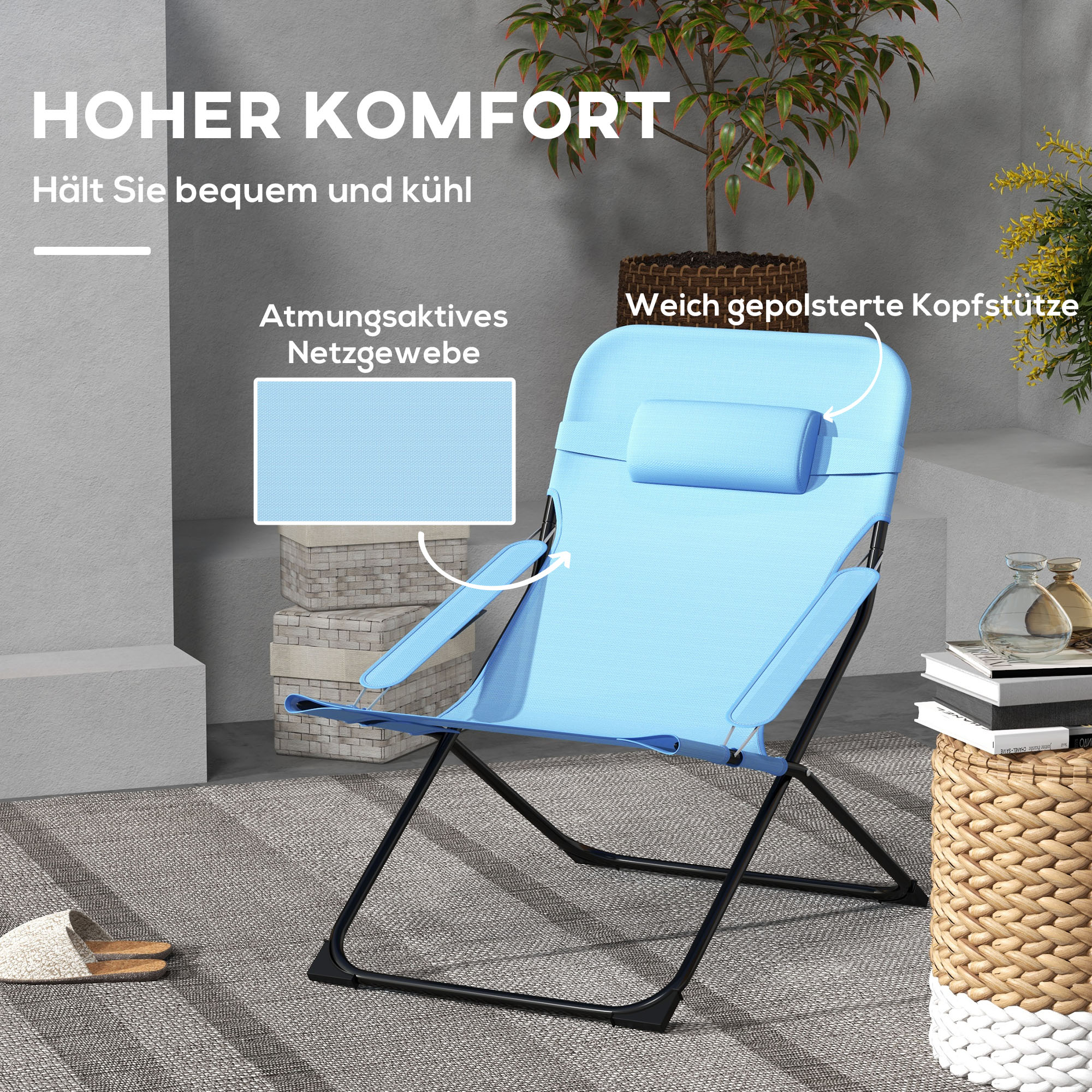 Klappstuhl, 4-stufig verstellbar, atmungsaktiv, Metallgestell, 69 x 91 x 96 cm, Schwarz/Blau