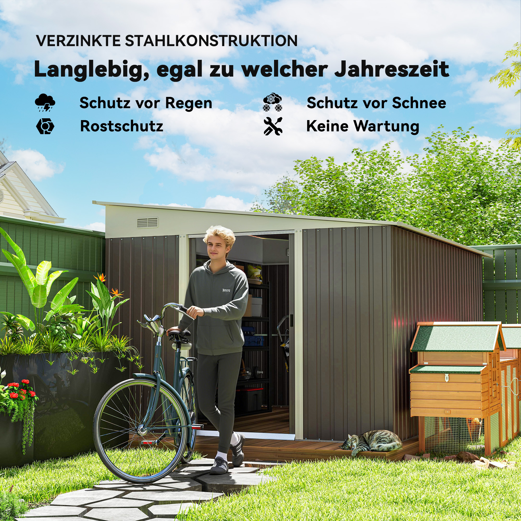 Metall-Geräteschuppen Schrägdach verriegelbare Doppeltür 2,8 x 3,45 x 2,01m Grau