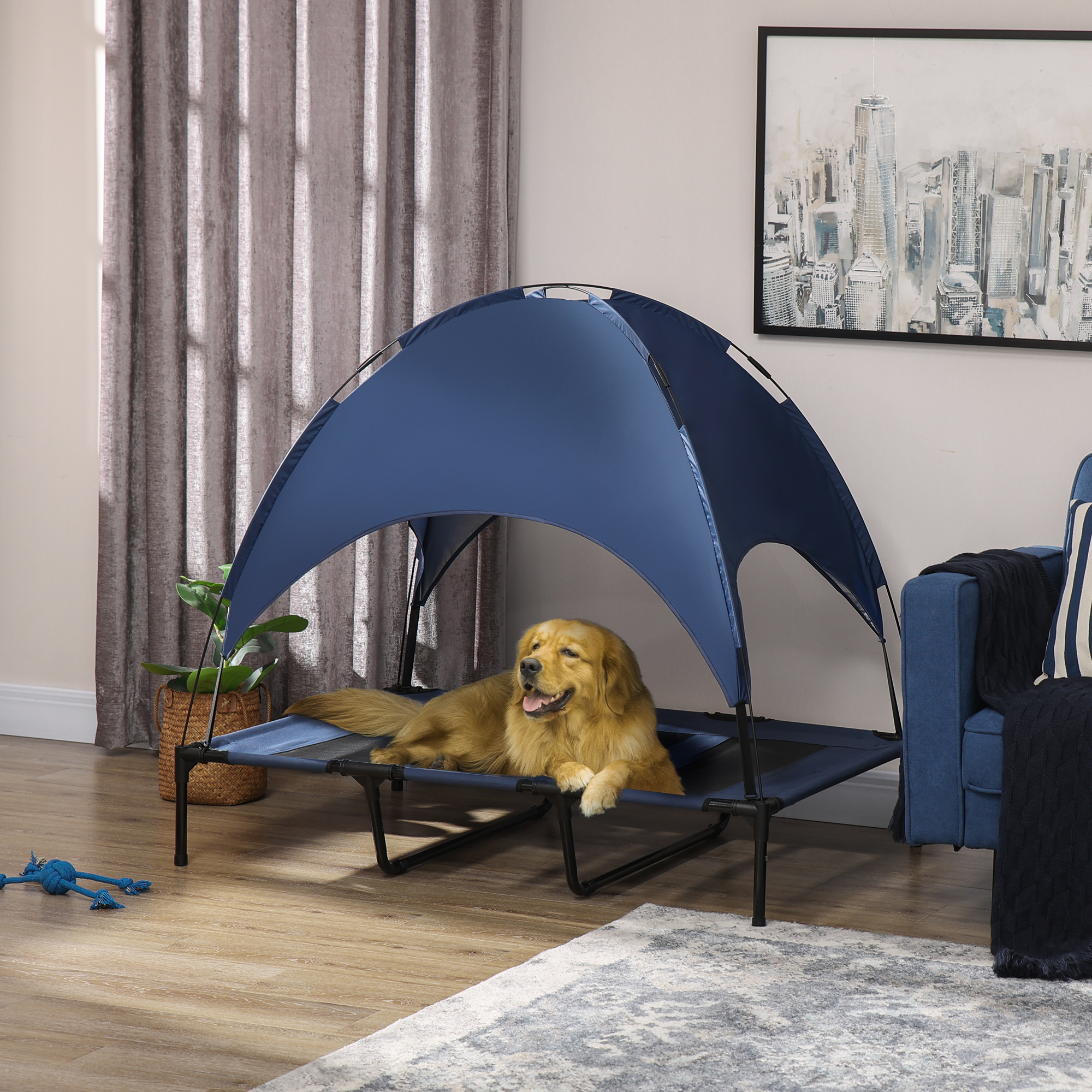 Outdoor-Hundeschlafplatz Wetterfestes Hundebett, mit Baldachin, klappbar, 122 x 92 x 108 cm, Blau + Schwarz