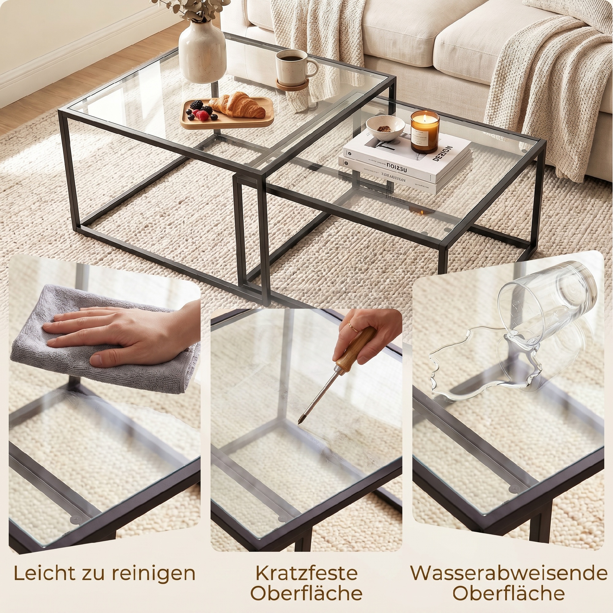 Couchtische 2er-Set Satztisch mit gehärteter Glasplatte und Metallrahmen, für Wohnzimmer Schwarz