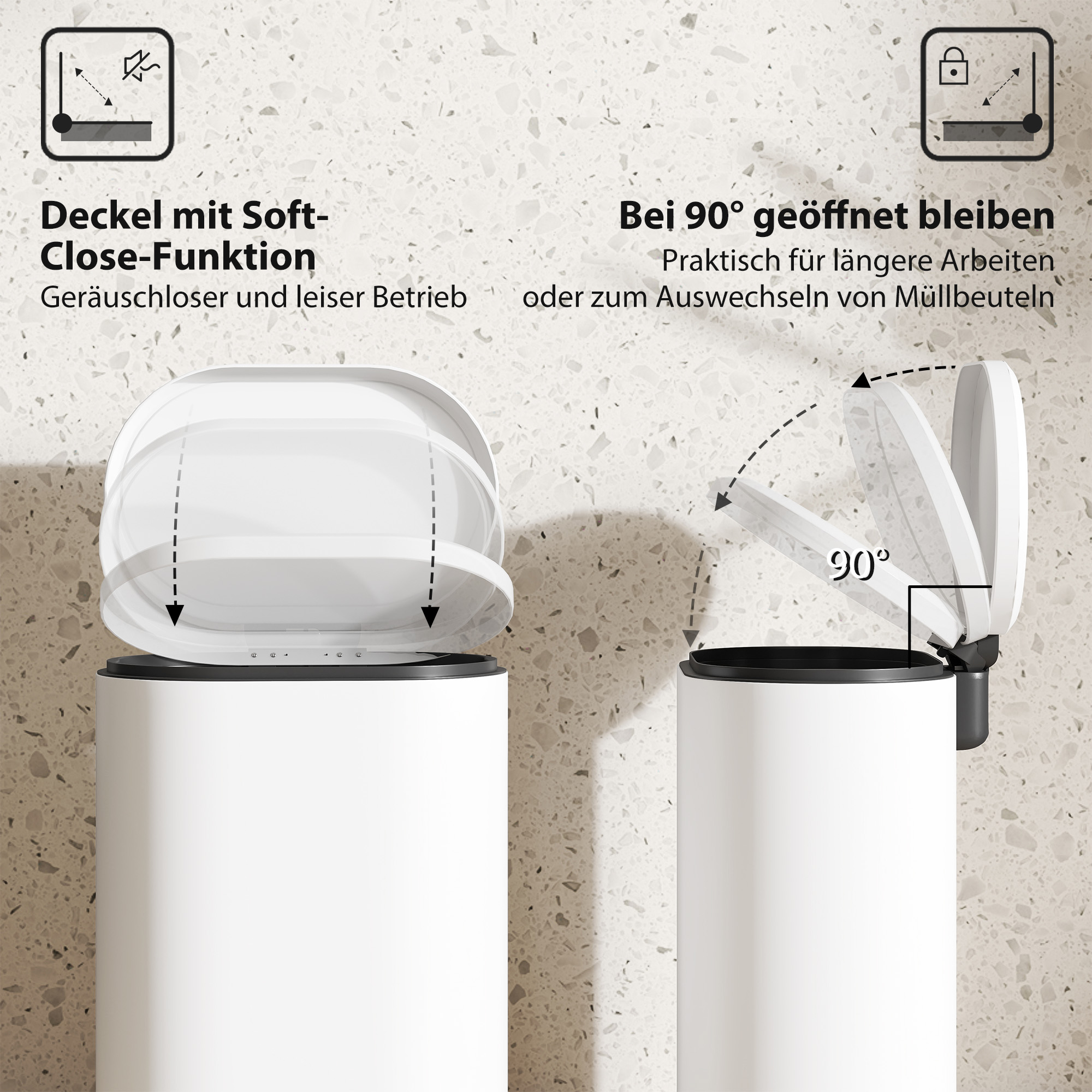 Mülleimer 12L Treteimer Abfalleimer mit Deckel, Fußpedal, Inneneimer, Soft-Close-Funktion, 30 x 25,5 x 37,5 cm, Weiß