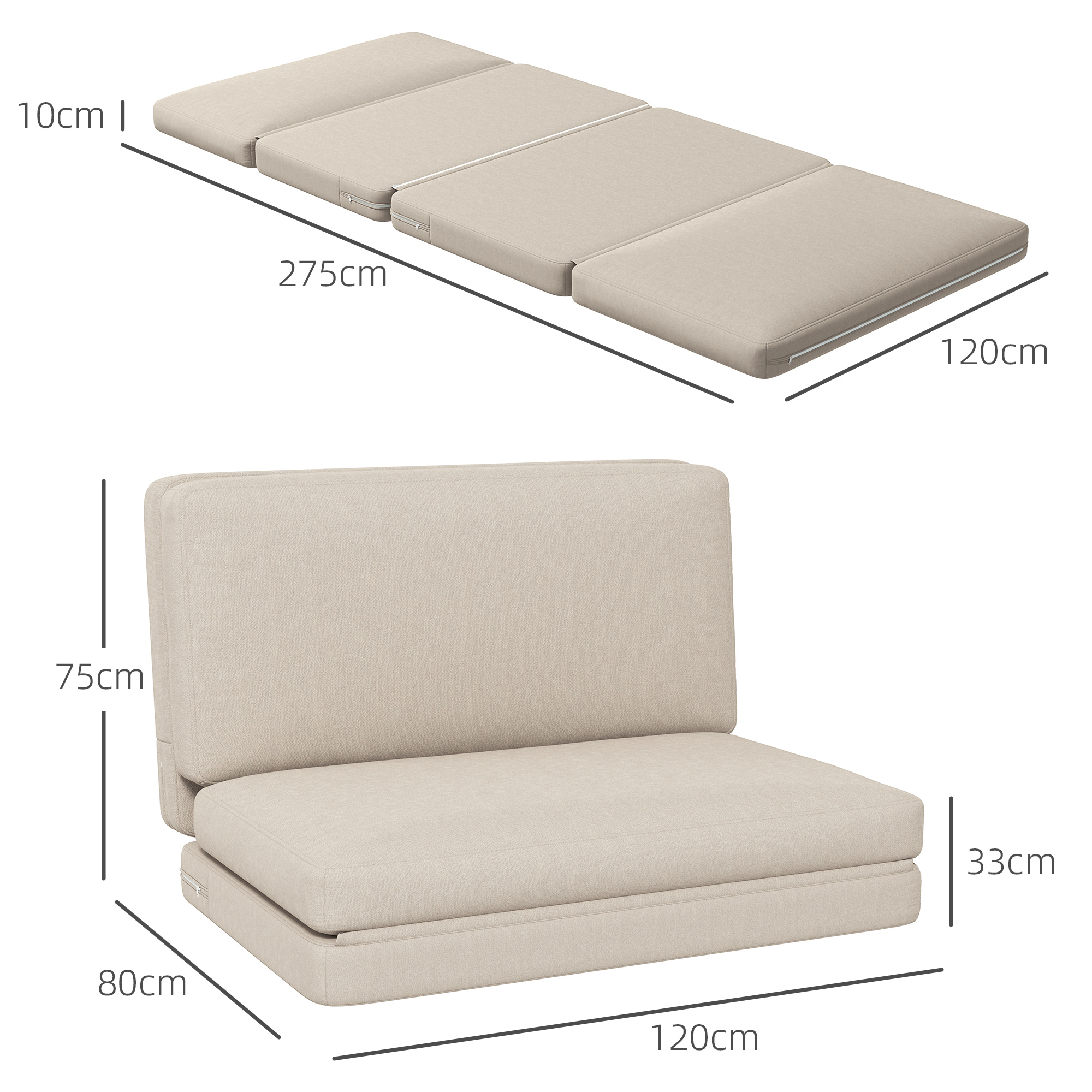 2-in-1 faltbarer Relaxsessel, Gästematratze, teilbar, 120 cm breit, Beige