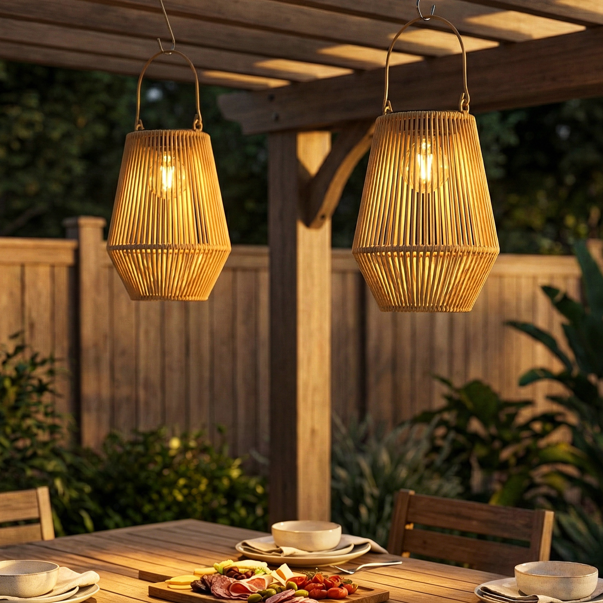 Solar Stehlampe 2er Set Rattan Hängend Solarlampen mit Lichtsensor IP44 wasserdichte Solarlampe für Garten Balkon Braun