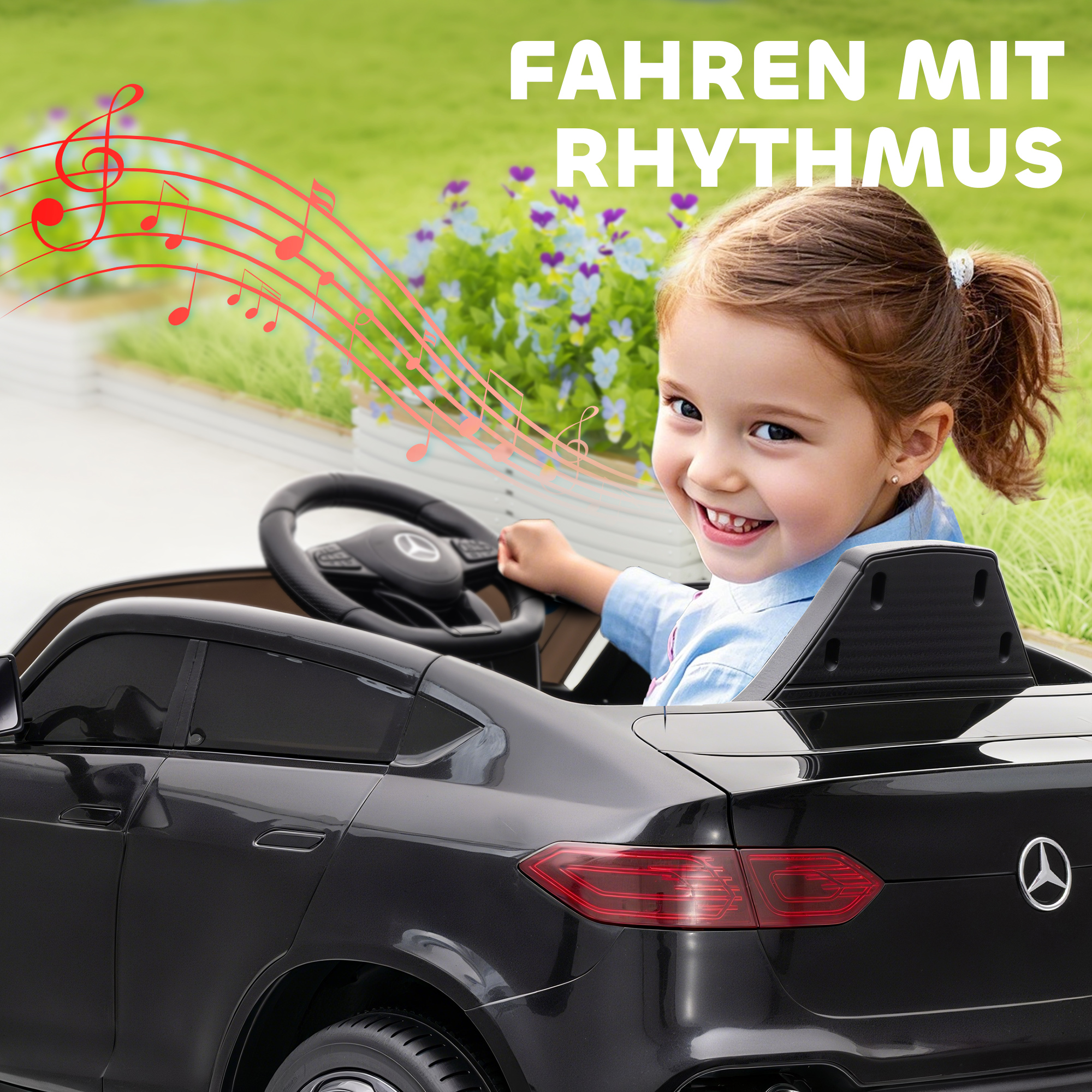 Elektroauto für Kinder, 12V Kinderauto mit Fernbedienung, LED-Lichter, Musik, 3 Geschwindigkeiten, 3-6 Jahre, Schwarz