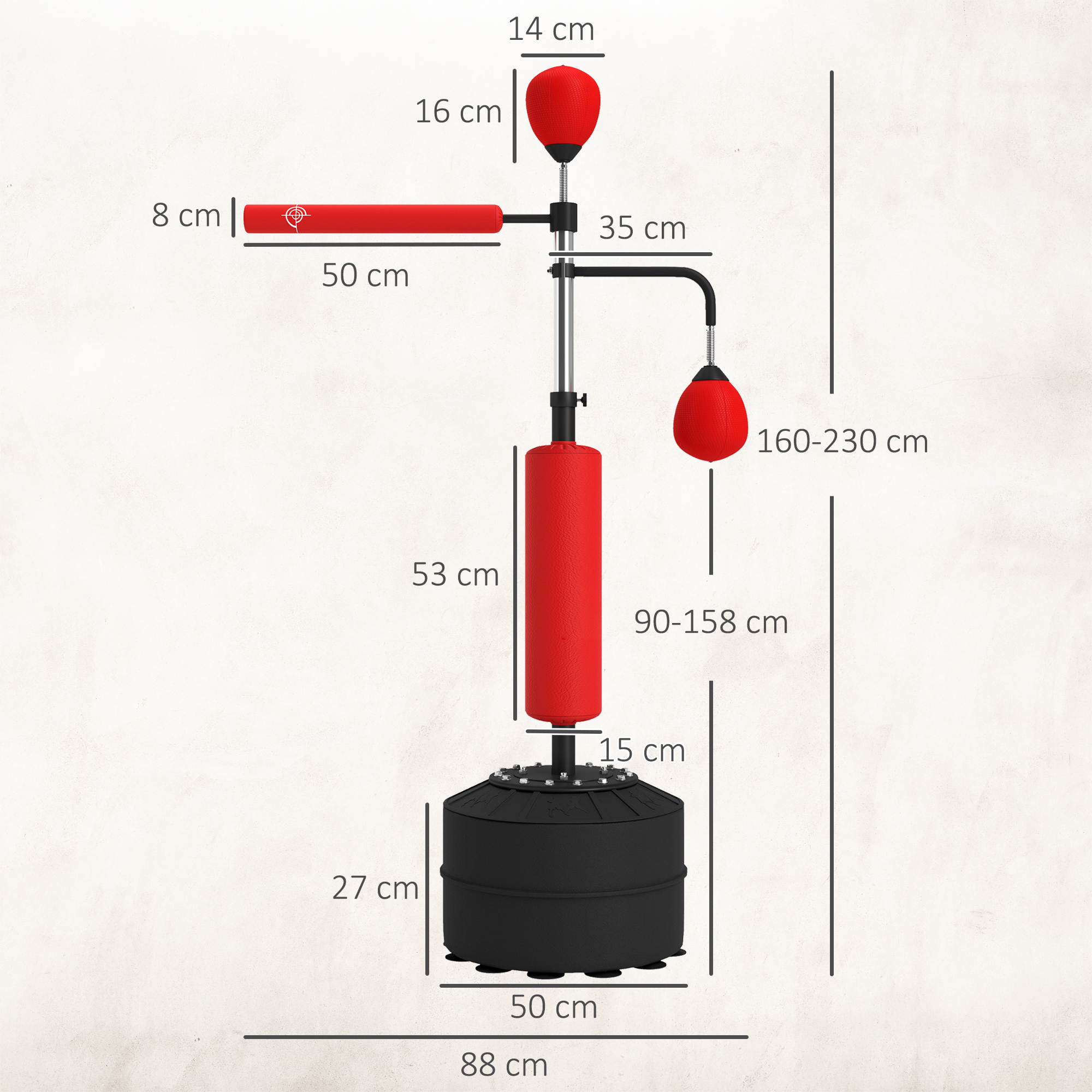 4-in-1 freistehender Boxsack-Ständer, 160-230 cm höhenverstellbar, Rot