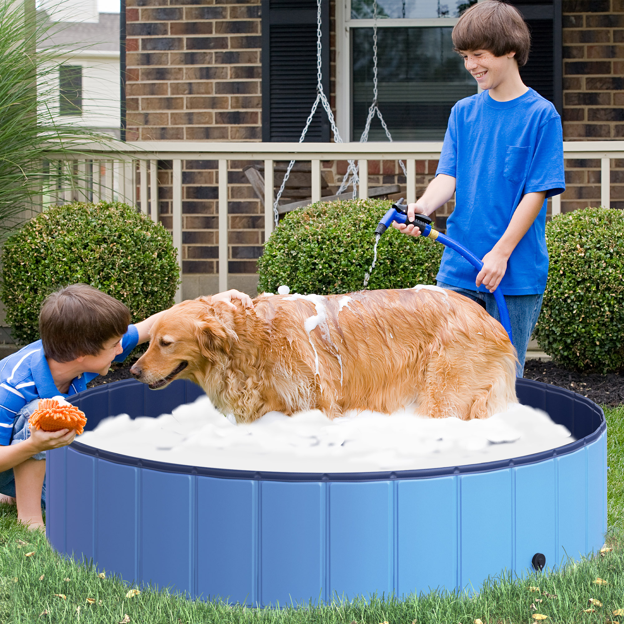 Hundebadewanne faltbar Badewanne Hundepool Plantschbecken Swimmingpool Wasserbecken für Hunde und Katzen Schwimmbecken Kunststoff+Holz Blau Ø140 x H30 cm