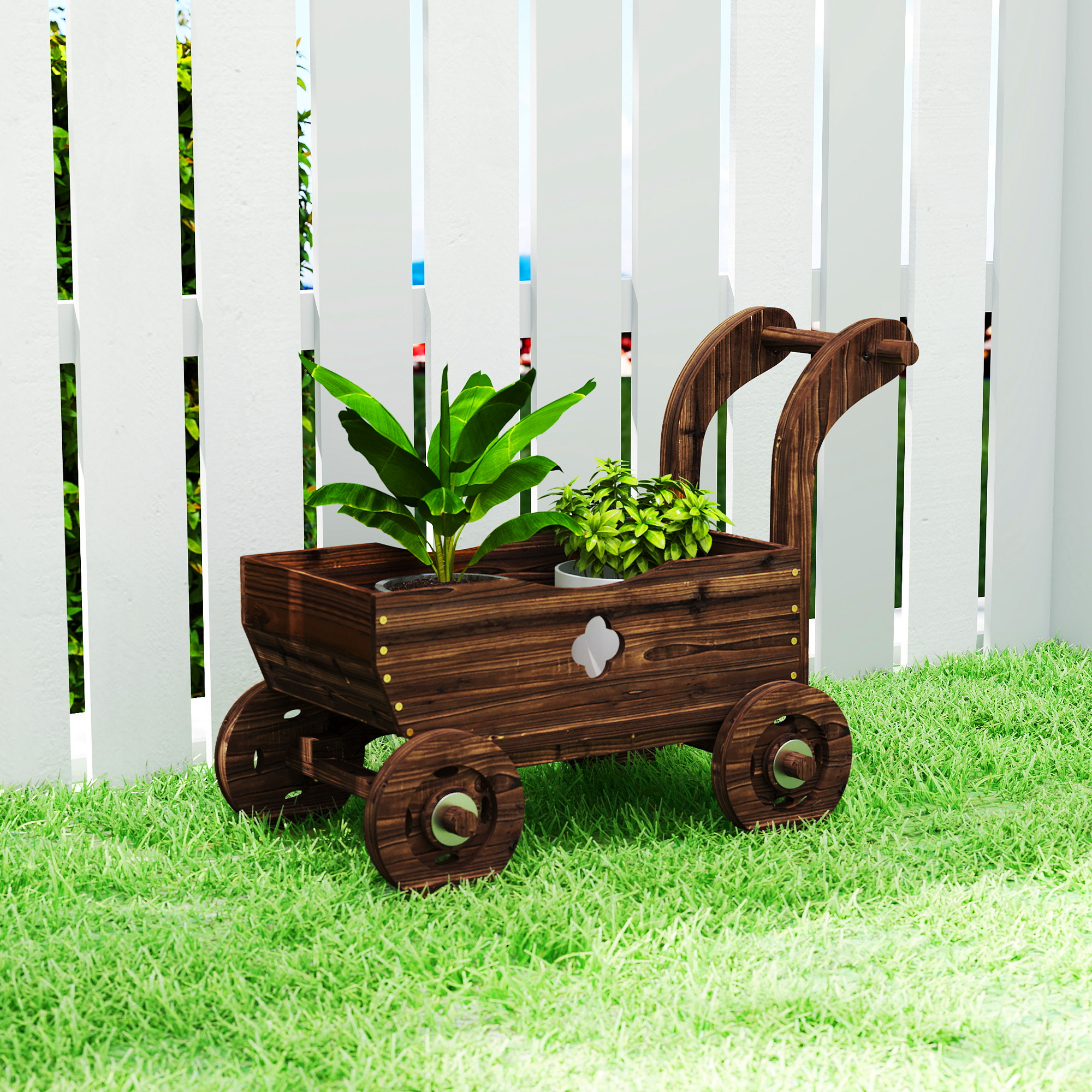 Hochbeet Holz, Pflanzbeet in Wagenform Frühbeet mit 4 Rädern Griff Gartenbeet 68 x 38 x 52cm