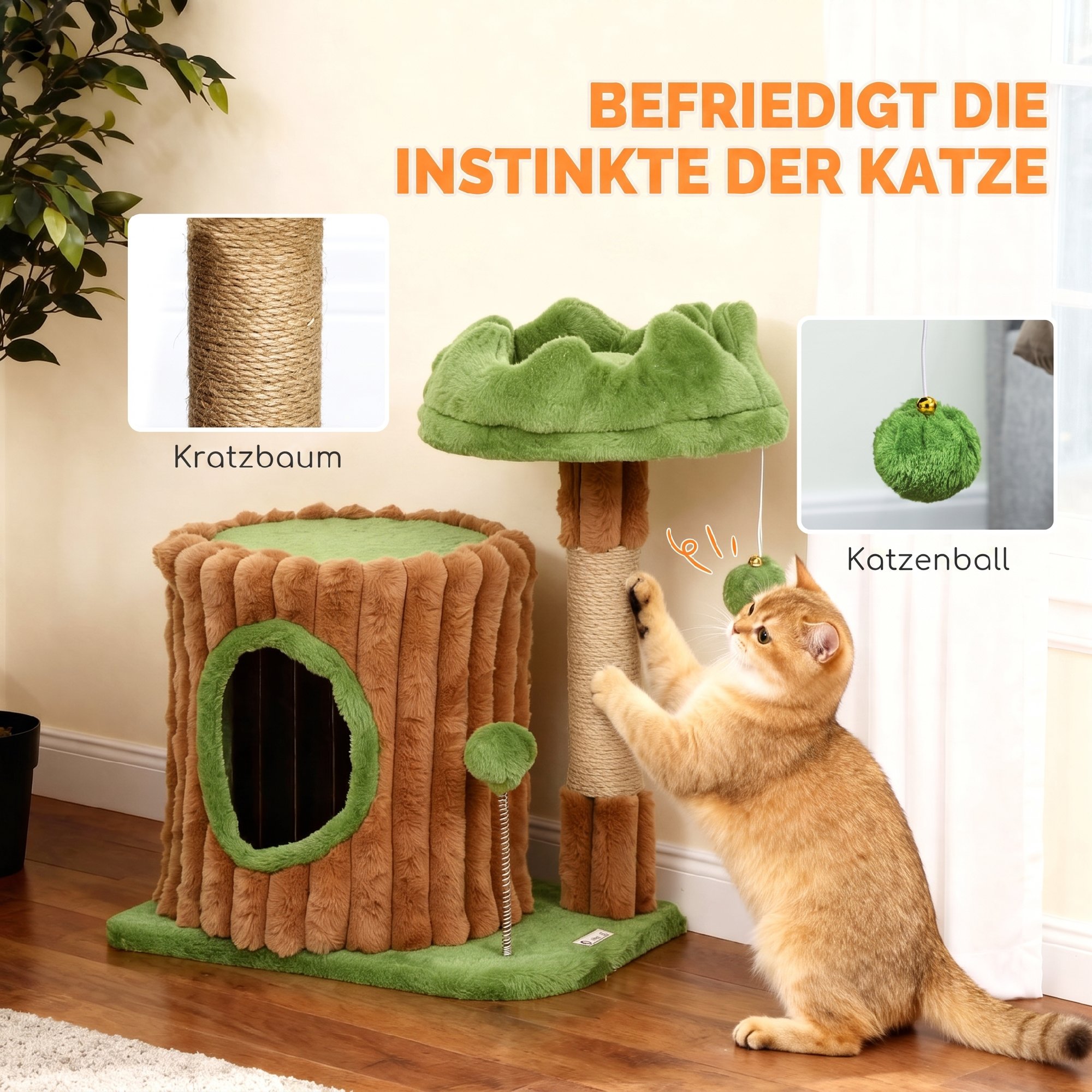 Kratzbaum 53 cm hoch Katzenbaum mit Höhle, Baumstamm-Design, Jutestämme, 2 Bälle  für 1-2 Katzen unter 5 kg, Braun+Grün