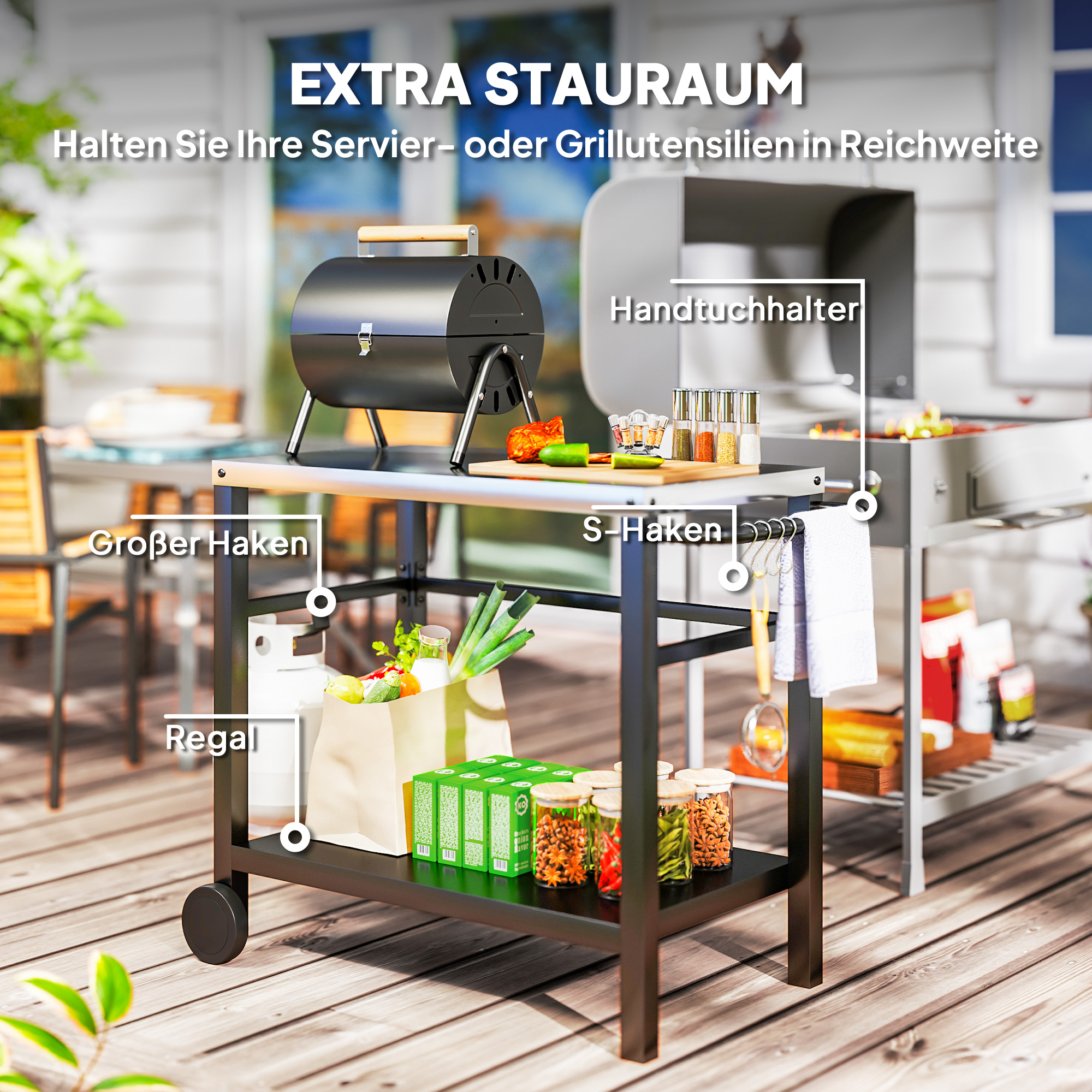 Grillwagen 2-Etagen Servierwagen mit Arbeitsfläche Ablagen Haken Räder Edelstahl 102 x 56 x 81cm