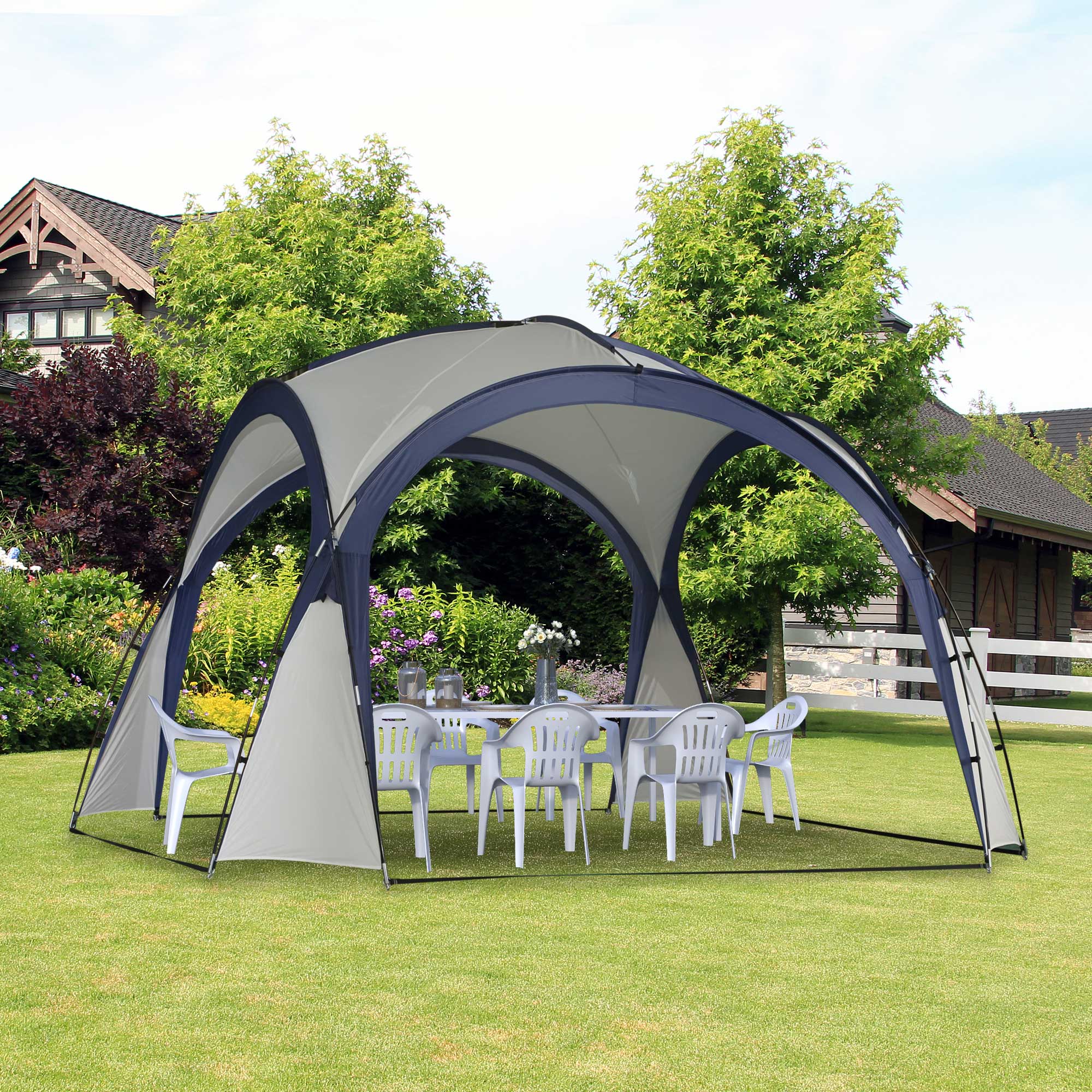 Kuppelzelt für 6-8 Personen, Pavillon, Schutz vor Sonne und Nieselregen, 3,5 x 3,5 x 2,22 m, Cremeweiß