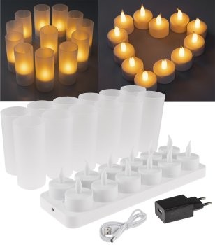 LED Teelichter, 12er Set, mit Windschutz - wiederaufladbar auf Ladestation