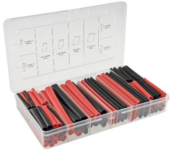 Schrumpfschlauch-Sortiment, 142-teilig - Plastikbox, klebend, Ratio 3:1, schw+rot
